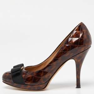 Salvatore Ferragamo Brown Leopard Print Quilted Patent Leather Vara Bow Pumps Size 36
