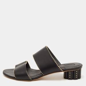 Salvatore Ferragamo Black Leather Studded Slide Sandals Size 40.5 