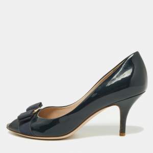 Pre Owned Salvatore Ferragamo Navy Blue Patent Leather Vara Bow Peep Toe Pumps Size 38