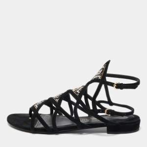 Salvatore Ferragamo Black Suede Embellished Slingback Flat Sandals Size 39