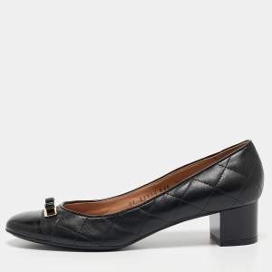 Pre Owned Salvatore Ferragamo Black Quilted Leather Bow Pumps Size 39