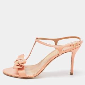 Pre Owned Salvatore Ferragamo Peach Leather Bow T-Bar Ankle Strap Sandals Size 39 