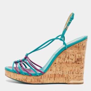 Salvatore Ferragamo Blue/Purple Strappy Slingback Cork Wedge Platform Sandals Size 39.5
