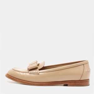 Salvatore Ferragamo Beige Leather Vivaldo Bow Loafers Size 39.5