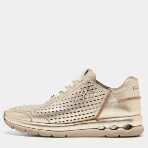 Salvatore Ferragamo Golden Perforated Leather Gils Sneakers Size 42