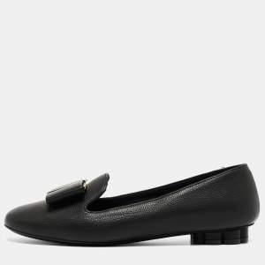 Pre Owned Salvatore Ferragamo Black Leather Ballet Flats Size 36.5