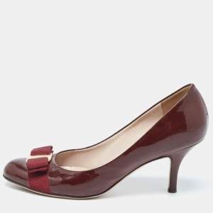 Salvatore Ferragamo Burgundy Patent Vara Bow Pumps Size 36.5