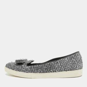 Salvatore Ferragamo Silver Tweed Bow Slip On Sneakers Size 41.5