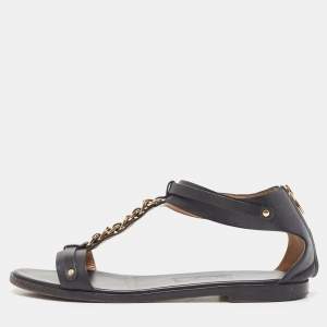 Salvatore Ferragamo Black Leather T Chan Detail Flat Sandals Size 39.5