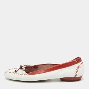 Salvatore Ferragamo White/Red Leather Wildstitch Bow Ballet Flats Size 39.5