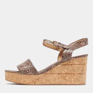 Salvatore Ferragamo Brown Lizard Embossed Leather Madea Cork Wedge Sandals Size 40