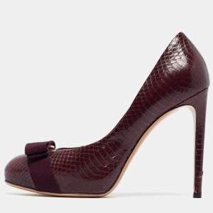 Salvatore Ferragamo Burgundy Python Vara Bow Pumps Size 38