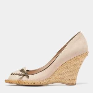 Salvatore Ferragamo Beige Nubuck Leather Peep Toe Espadrille Wedge Pumps Size 38.5