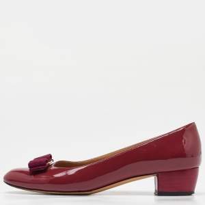 Pre Owned Salvatore Ferragamo Burgundy Patent Leather Varina Vara Bow Ballet Flats Size 37.5