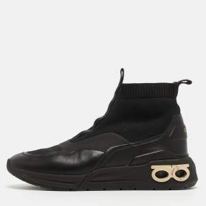 Pre Owned Salvatore Ferragamo Black Leather and Knit Fabric Cosma Sock Sneakers Size 39.5