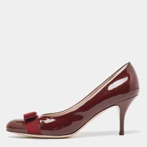 Pre Owned Salvatore Ferragamo Burgundy Patent Leather Vara Bow Pumps Size 40.5