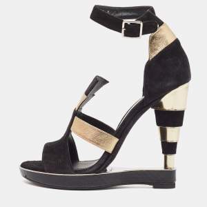 Salvatore Ferragamo  Black/Gold Suede, Watersnake and Leather Lexus Platform Sandals Size 39