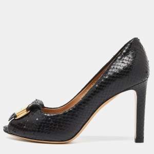 Salvatore Ferragamo Black Snakeskin Embossed Leather Logo Fringed Peep Toe Pumps Size 37