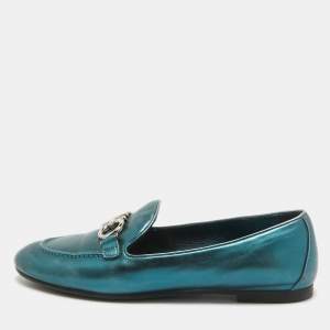 Salvatore Ferragamo Metallic Blue Leather Gancini Loafers Size 38.5