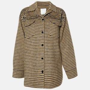 Sandro Orange Checked Wool Embellished Brodan Coat S