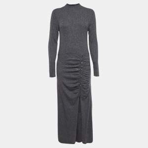 Sandro Grey Rib Knit Buttoned Ruche Detail Midi Dress XL