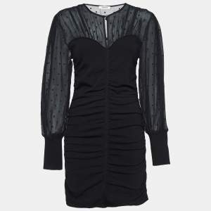 Sandro Black Organza and Rib Knit Ruched Bustier Effect Mini Dress M