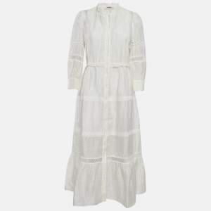 Sandro Ivory White Lace Trim Linen Button Front Midi Dress L