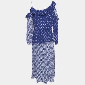 Sandro Blue Lighting Print Crepe Ruffled Cold Shoulder Midi Dress L
