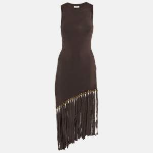 Sandro Brown Knit Fringed Beaded Hem Bodycon Dress S