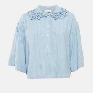 Sandro Blue Striped Linen Blend Lace Collar Tim Top L