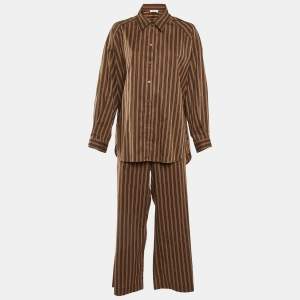 Sandro Brown Striped Embellished Cotton Shirt & Pants Set XL