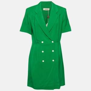 Pre Owned Sandro Green Textured Crepe Double Breasted Mini Dress XL
