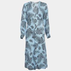 Pre Owned فستان ساندرو أزرق بطبعة من مزيج الحرير بأزرار أمامية متوسط الحجم