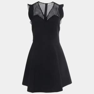 Sandro Black Lace Trim Stretch Crepe V-Neck Mini Dress M