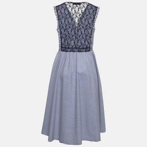 Sandro Blue Stripe Lace Trim Cotton Mid Dress L