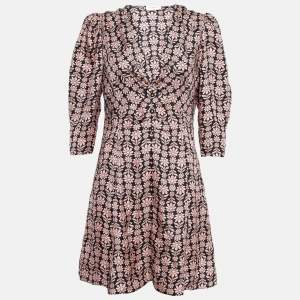 Sandro Pink/Black Floral Patterned Silk Mini Dress L