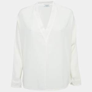Sandro Off White Silk Rib Trim V-Neck Blouse L