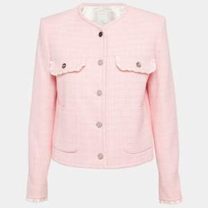 Sandro Pink Tweed Button Front Ruffled Jacket XS