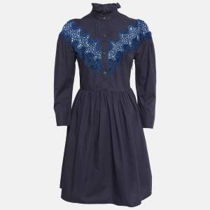 Sandro Navy Blue Cotton Lace Trim Ruffled Collar Mini Dress XS