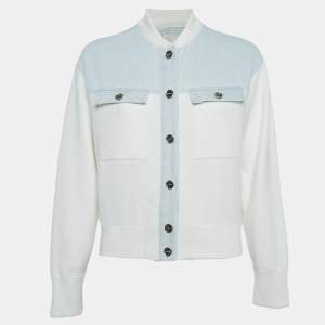 Sandro White/Blue Denim Panelled Knit Bomber Jacket XS