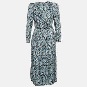 Sandro Blue Floral Print Silk Draped Midi Dress XS