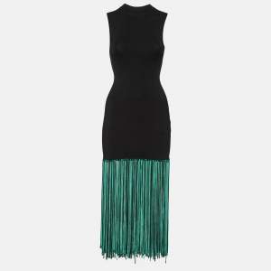 Sandro Black Jersey Fringed Sleeveless Midi Dress XS