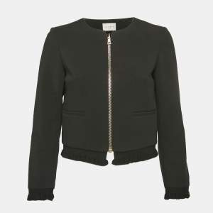 Sandro Black Crepe Ruffled Zip-Up Blazer S