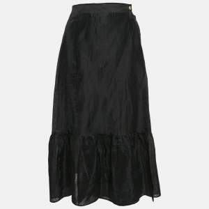 Sandro Black Linen Blend Ruffled Midi Wrap Skirt M
