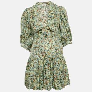 Sandro Green Flowering Print Silk Chelsea Collar Mini Dress S