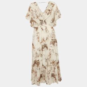 Sandro Beige Printed Crepe Marro Ruffled Midi Dress M