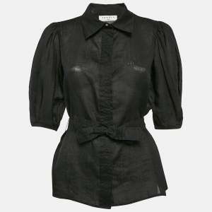 Sandro Black Ramie Belted Button Front Blouse M