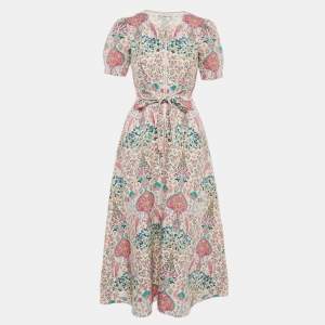 Sandro White/Pink Irya Floral Print Linen Blend Midi Dress XS