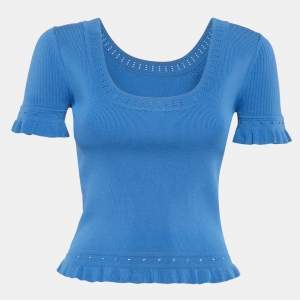Sandro Blue Stretch Knit Eyelet Quincy Top S
