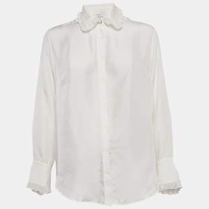 Sandro White Silk Ruffled Button Front Blouse S